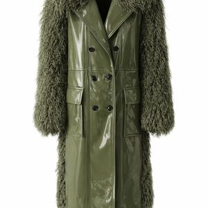 Olive Green Faux Fur and Leather Women's Coat